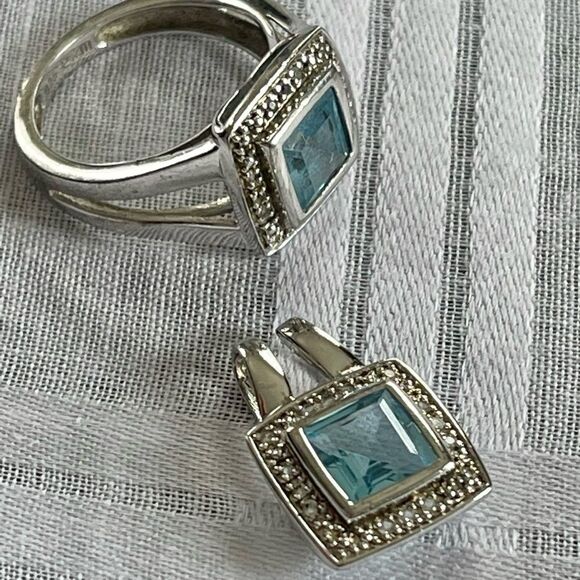 P*M .925 Sterling Silver Cushion Cut Blue Topaz Diamond Halo Ring Pendant Set - Picture 6 of 16